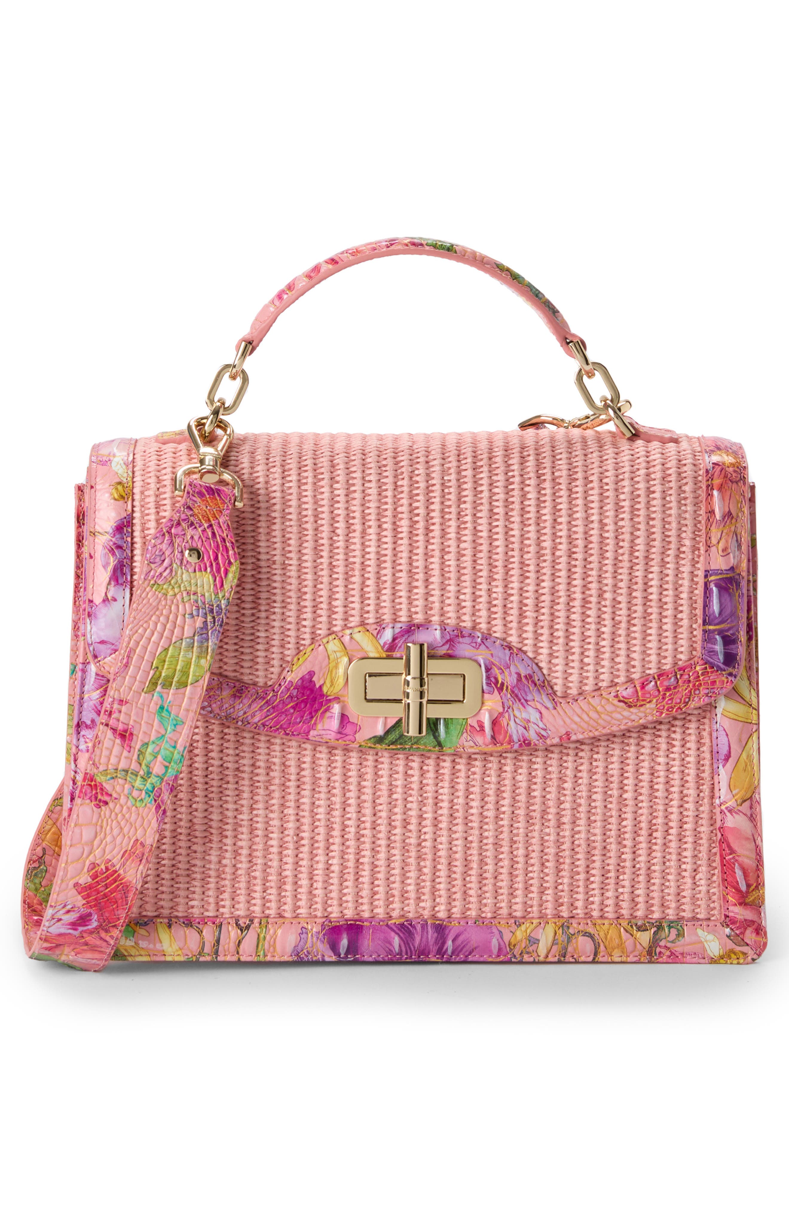 Brahmin Small Hallie Woven Straw & Croc Embossed Leather Satchel, Alternate, color, 