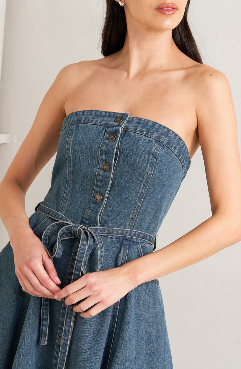 FREEMARKET Belted Strapless High-Low Midi Dress, Alternate, color, Medium Indigo