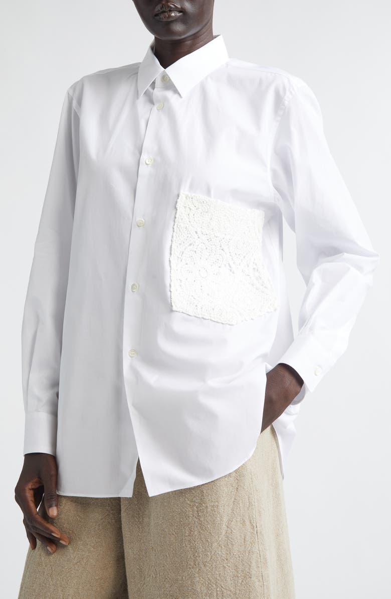 Comme des Garçons Cotton Broadcloth Button-Up Shirt with Chemical Lace Pocket, Alternate, color, White X Off-White