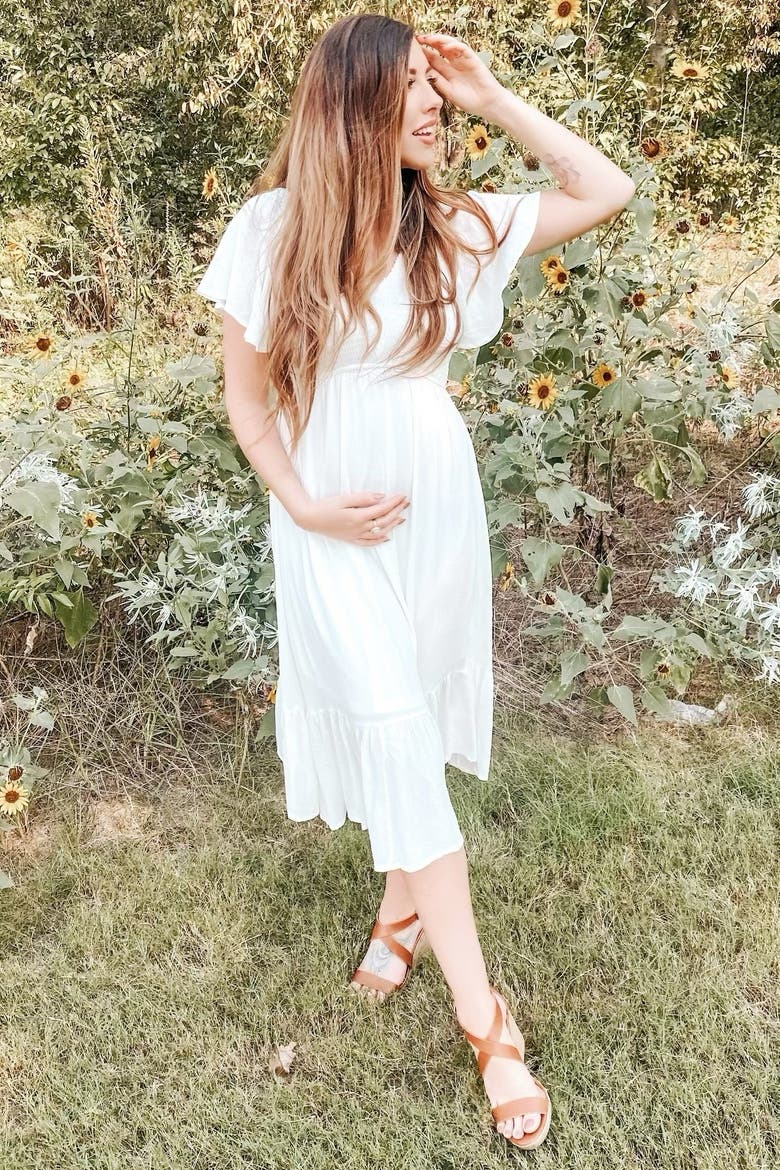 Smocked V-Neck Midi Dress, Alternate, color, White