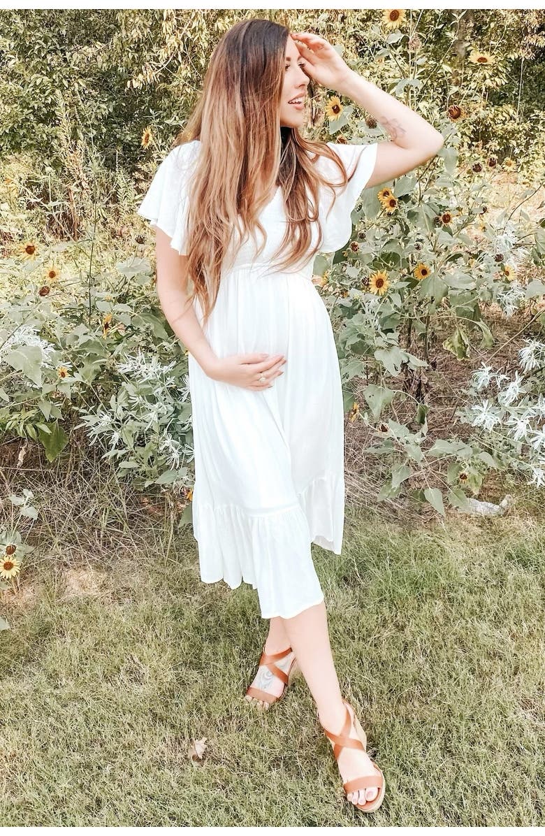 PinkBlush Smocked V-Neck Midi Dress, Alternate, color, White