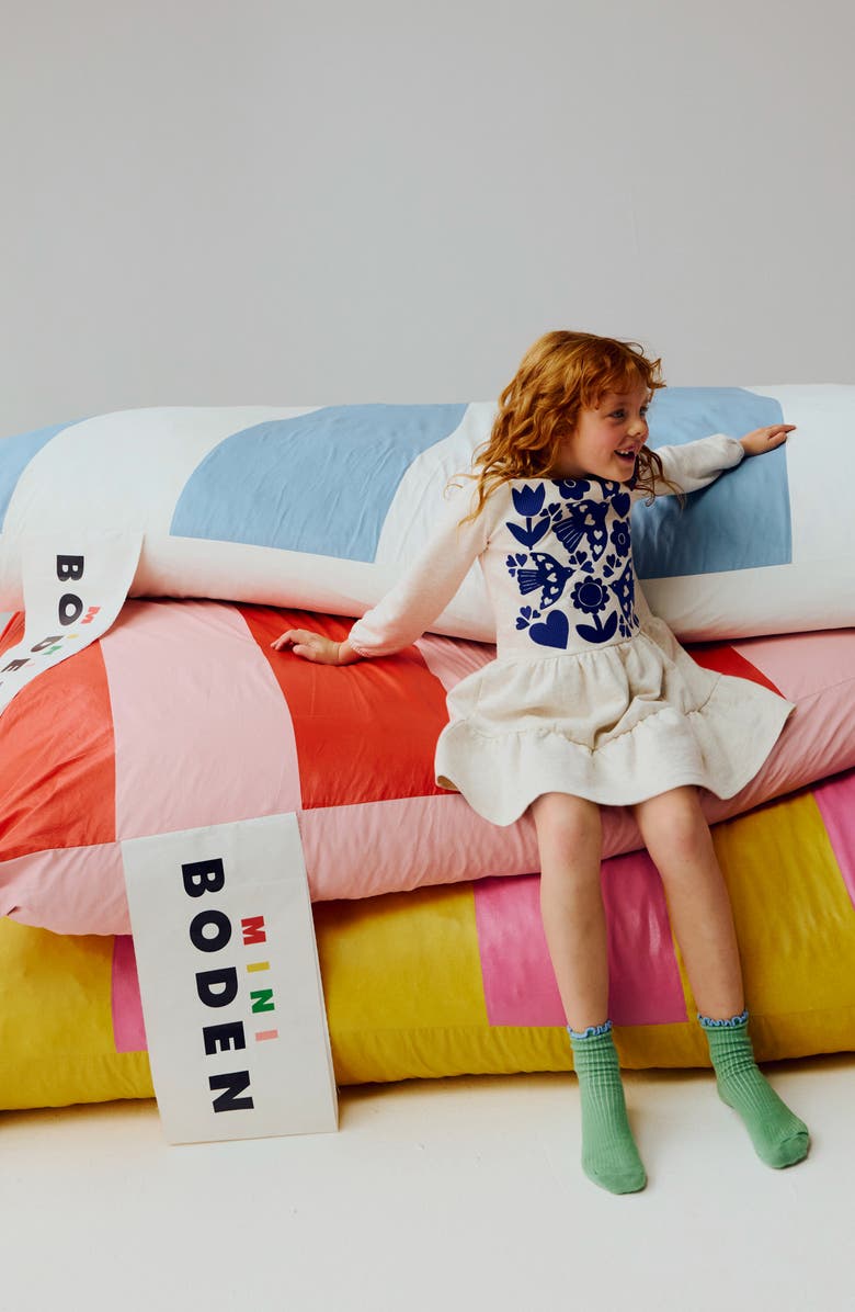 Mini Boden Kids' Bird Embroidered Long Sleeve Cotton Sweatshirt Dress, Alternate, color, Oatmeal Marl Applique