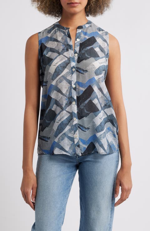 Print Chiffon Button-Up Sleeveless Top