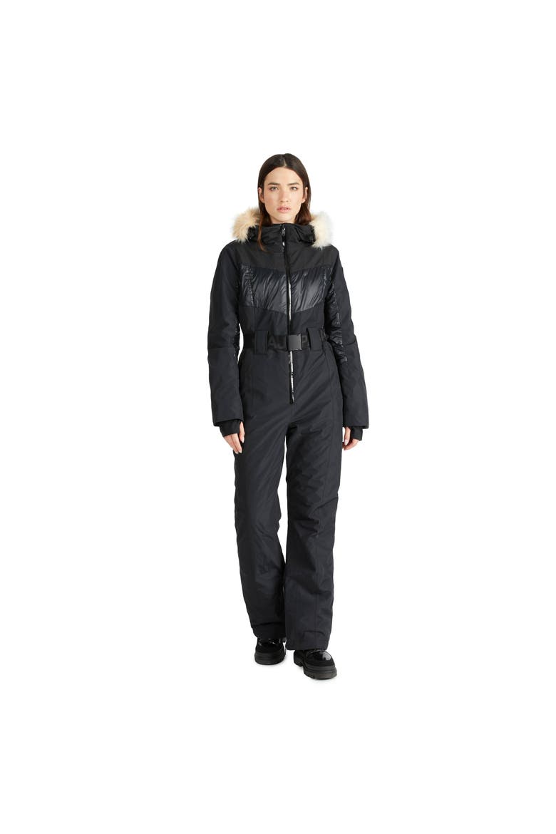 Pearl Belted Mixed Media Ski Jumpsuit, Main, color, Black