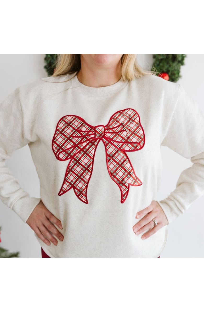 Sweet Wink Christmas Plaid Bow Patch Women's Sweatshirt, Alternate, color, Natural