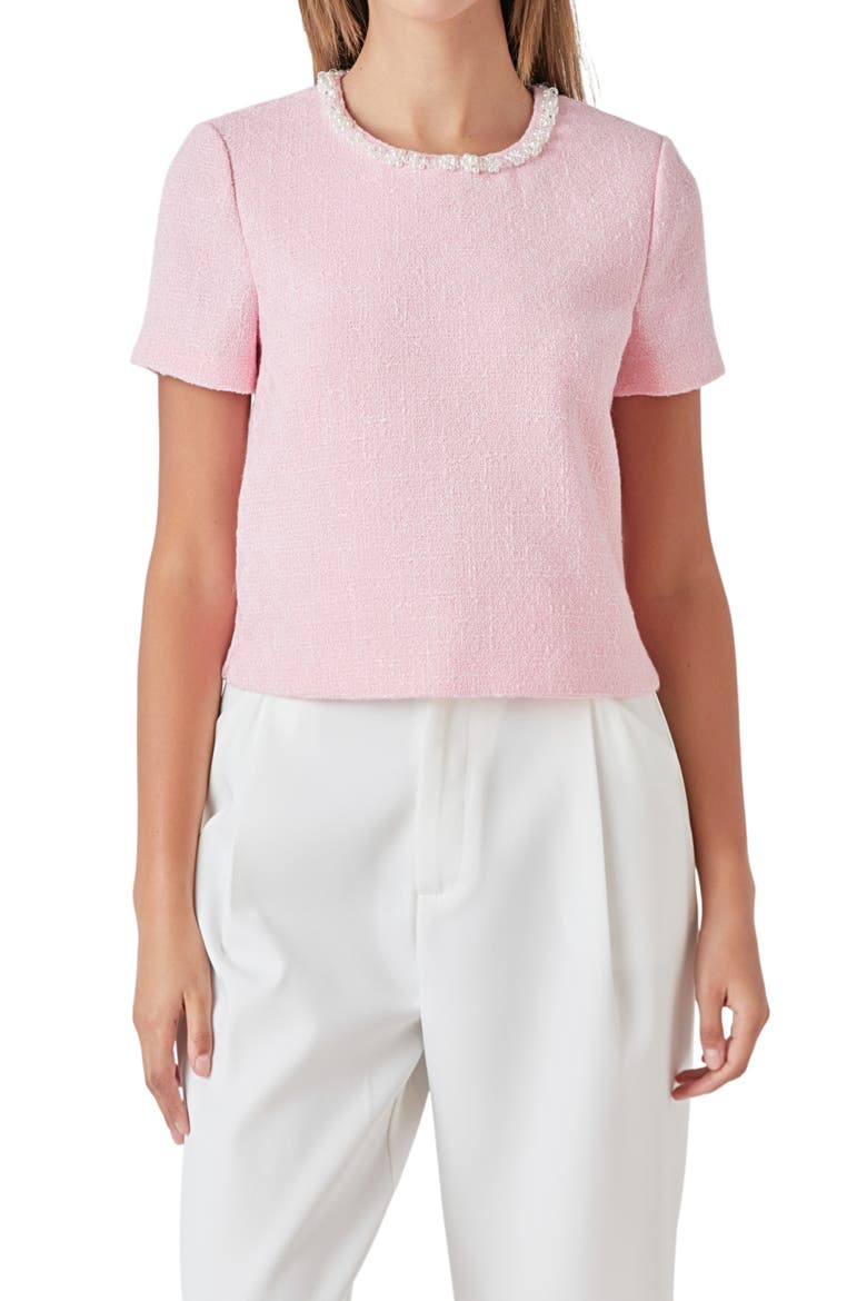 Imitation Pearl Trim Short Sleeve Tweed Top, Alternate, color, PINK