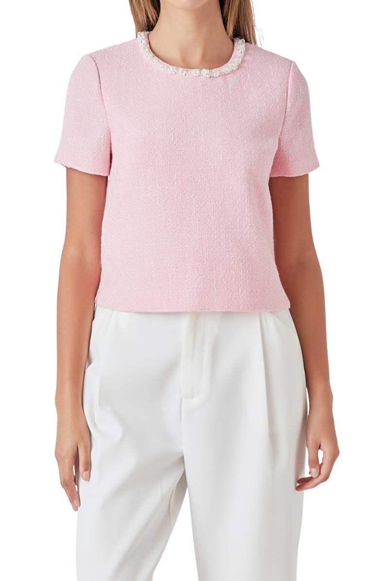 Endless Rose Imitation Pearl Trim Short Sleeve Tweed Top, Alternate, color, Pink