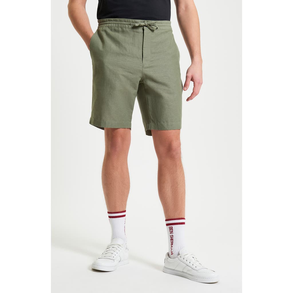 Ben Sherman Linen & Cotton Drawcord Shorts In Olive