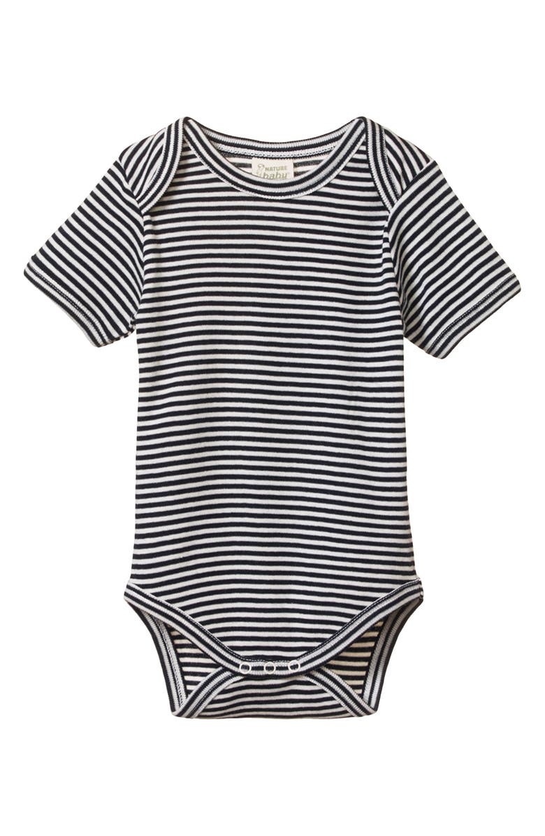 NATURE BABY Short Sleeve Bodysuit, Main, color, Navy Stripe