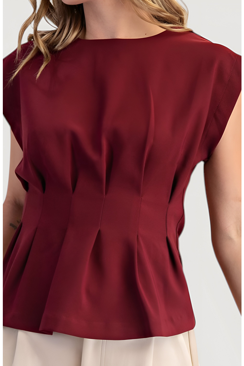Cap Sleeve Peplum Top with Structured Pleats and Round Neck, Alternate, color, Burgundy
