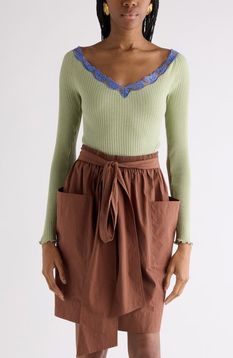 Lace Trim Rib Cotton & Silk Sweater