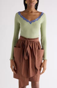 Chloé Lace Trim Rib Cotton & Silk Sweater