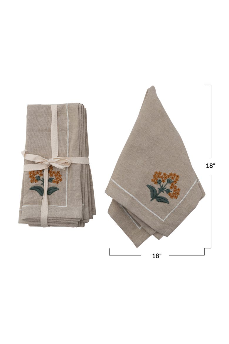 Cotton Napkins with Floral Embroidery and French Knots, Multicolor, Set of 4, Alternate, color, Tan