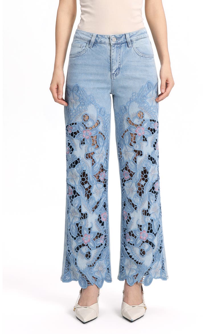 Embroidered Straight Leg Jeans, Main, color, LIGHT BLUE