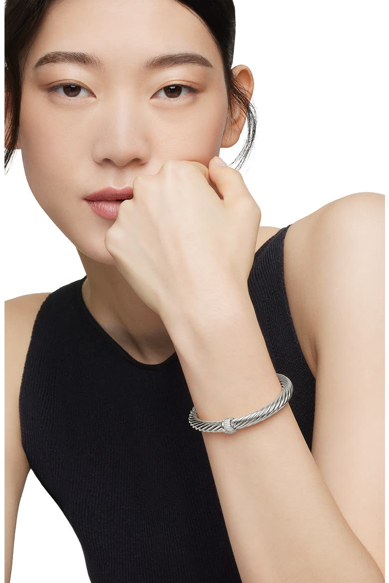 Classic Cable Station Bracelet in Sterling Silver with Pavé Diamonds, 7mm, Alternate, color, DIAMOND