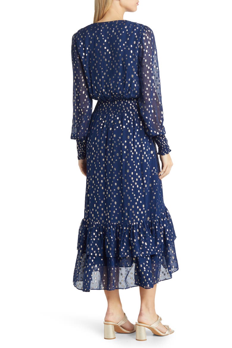 Cristiana Long Sleeve Chiffon Midi Dress, Alternate, color, LOW TIDE NAVY VISCOSE METALLIC