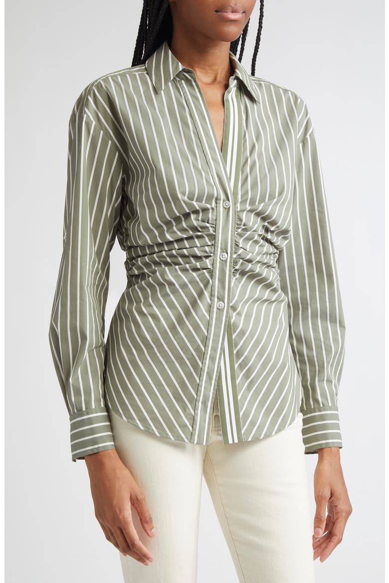 Devra Stripe Ruched Cotton Blend Button-Up Shirt, Alternate, color, STONE ARMY WHITE