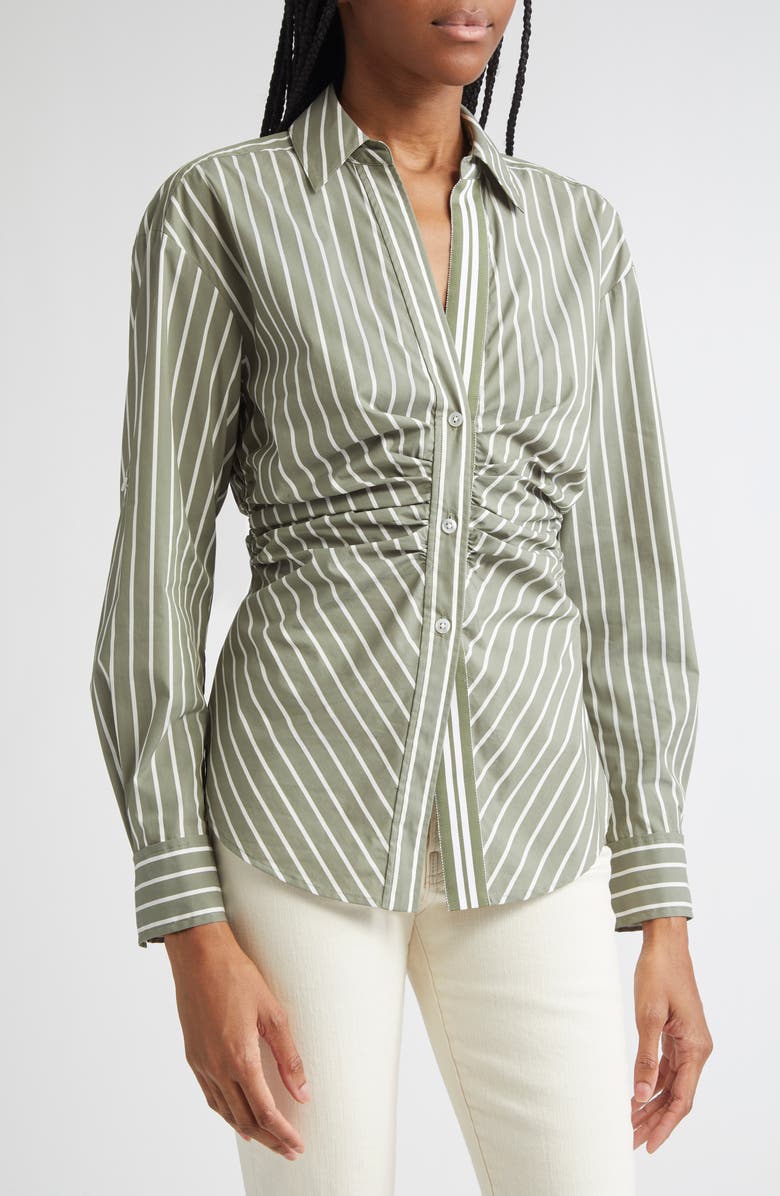 Veronica Beard Devra Stripe Ruched Cotton Blend Button-Up Shirt, Alternate, color,