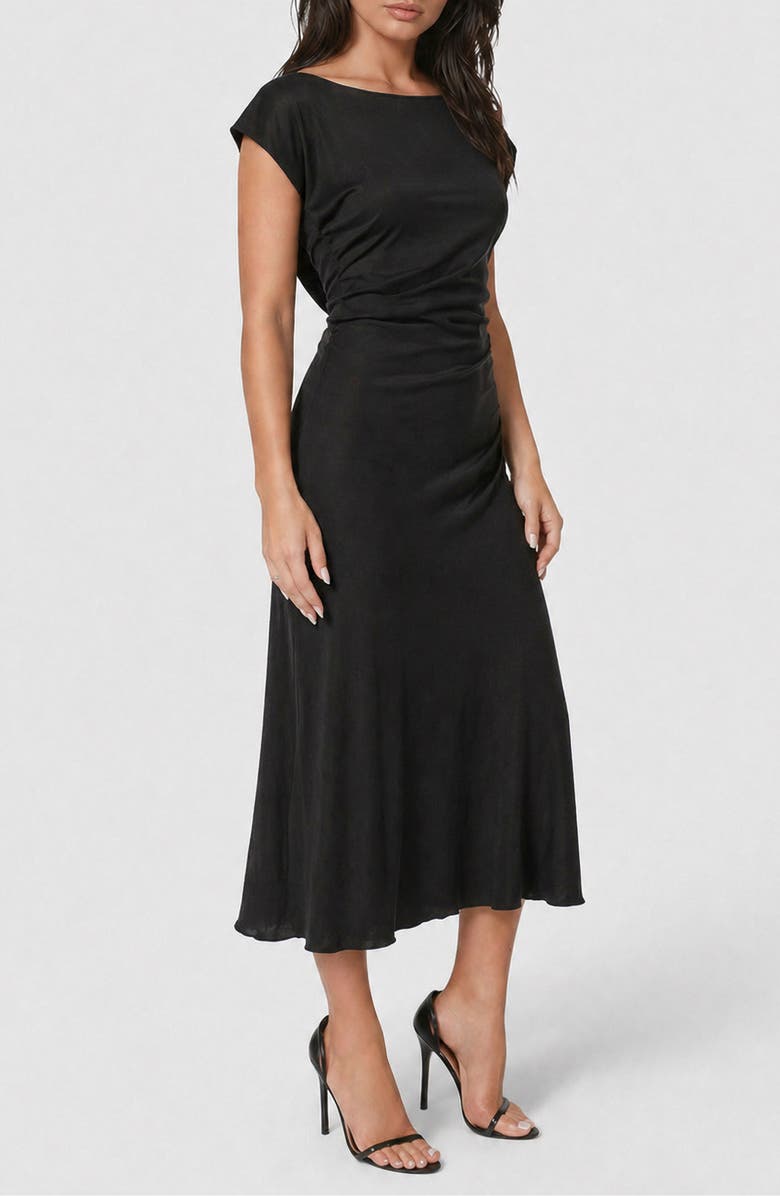 bebe Crushed Satin Draped Back Midi Dress, Alternate, color, Black