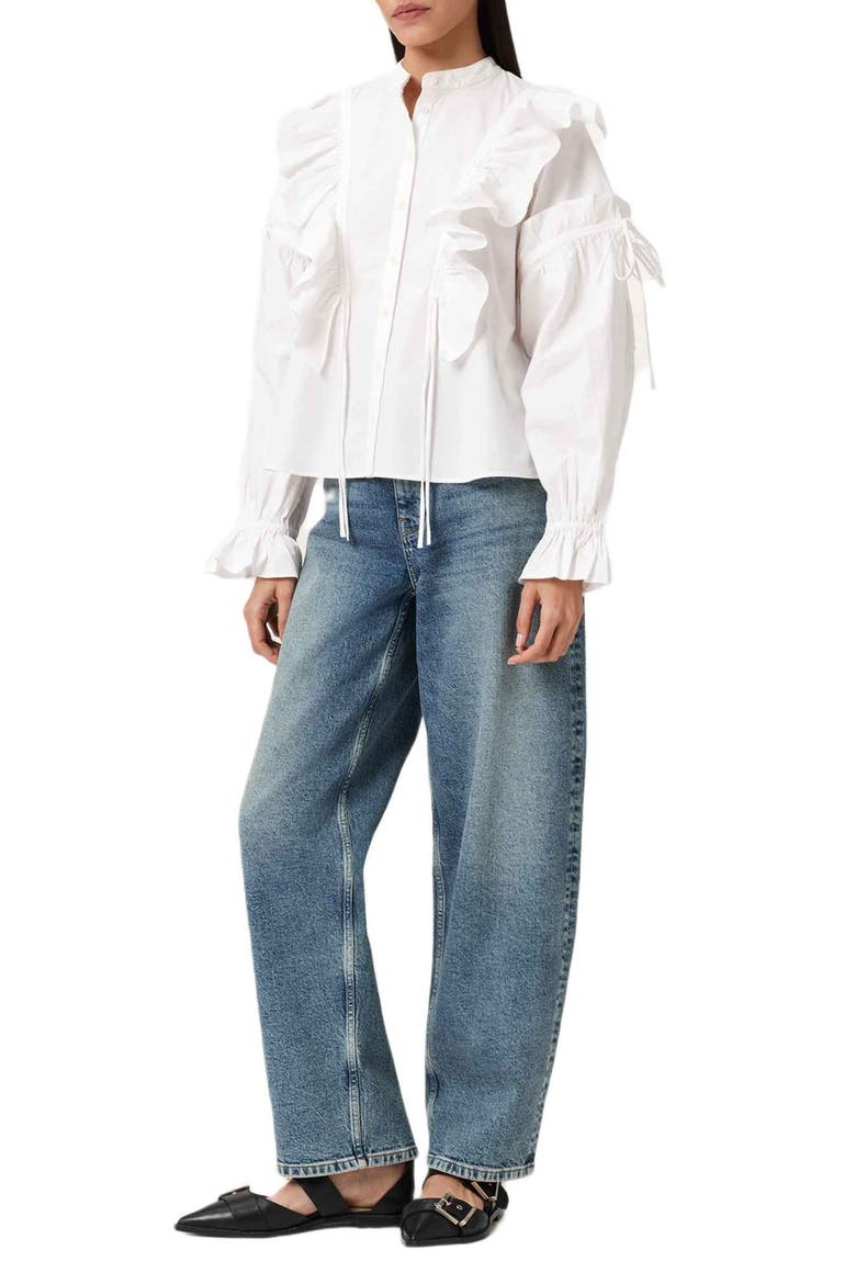 Lulu Ruffle Ruched Cotton Button-Up Shirt, Alternate, color, OPTIC WHITE
