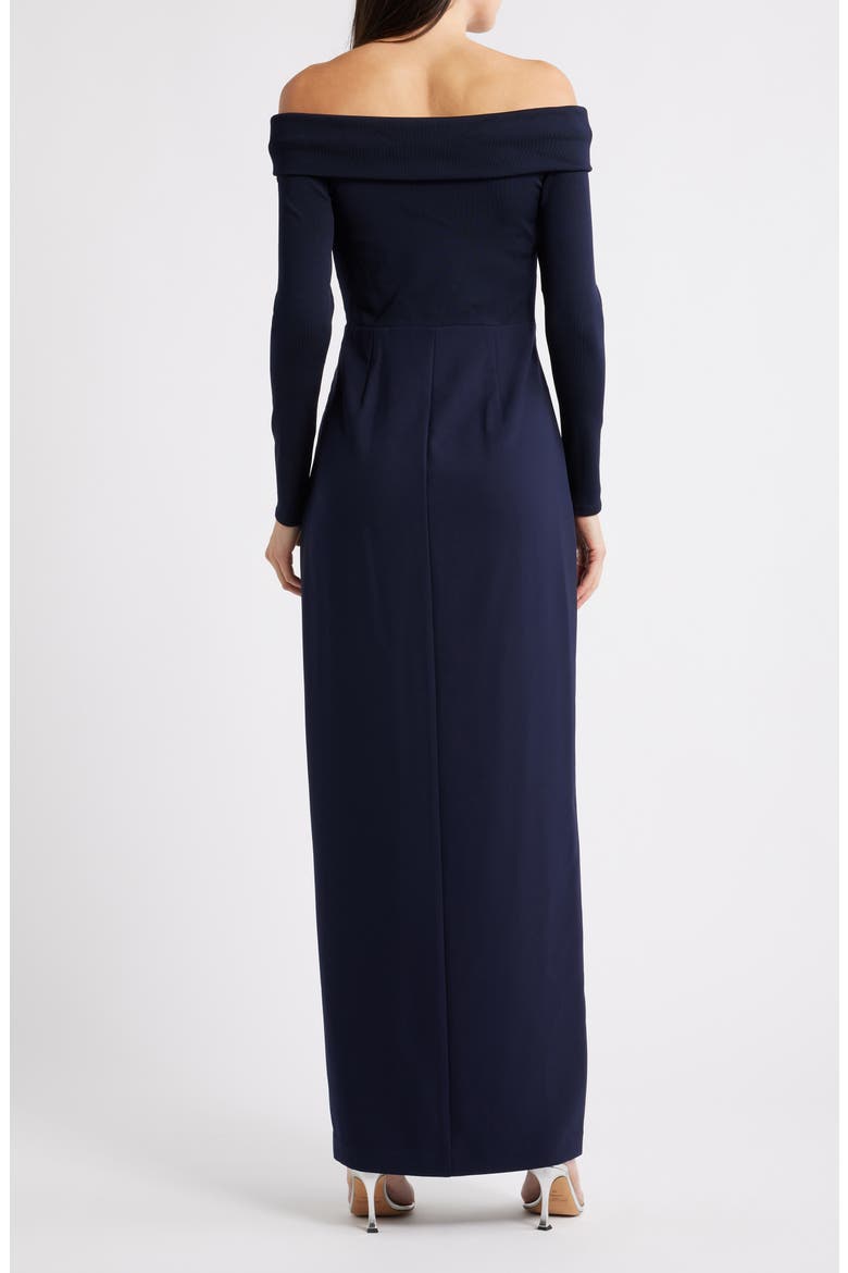 Off the Shoulder Long Sleeve Rib & Crepe Gown, Alternate, color, LIGHTHOUSE NAVY