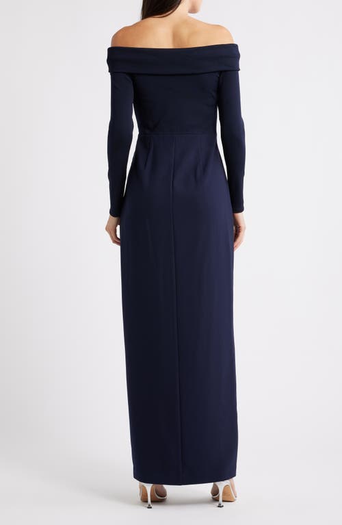 Ralph Lauren Lauren Off The Shoulder Long Sleeve Rib & Crepe Gown In Blue