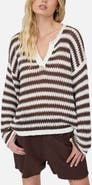Blu Pepper Stripe Notch Neck Long Sleeve Sweater