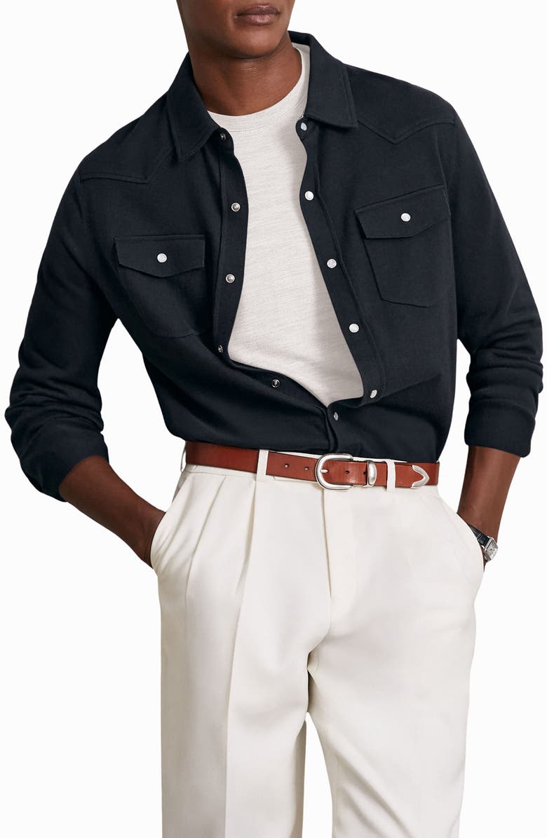 Reiss Ledger Cotton & Cashmere Snap-Up Shirt, Alternate, color, Navy