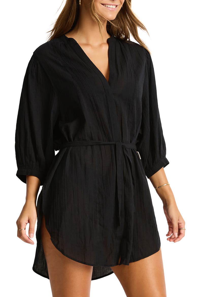 Boho Cover-Up Shirt, Alternate, color, BLACK
