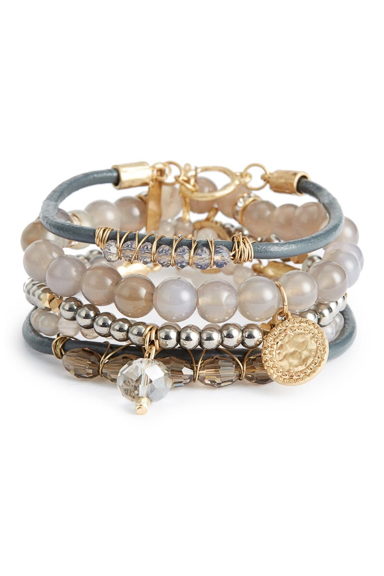 5-Piece Semiprecious Stone Stacking Bracelet, Main, color, GREY