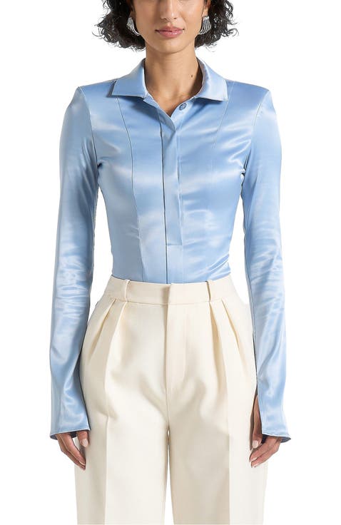 Louise Wide Shoulder Satin Shirt Bodysuit