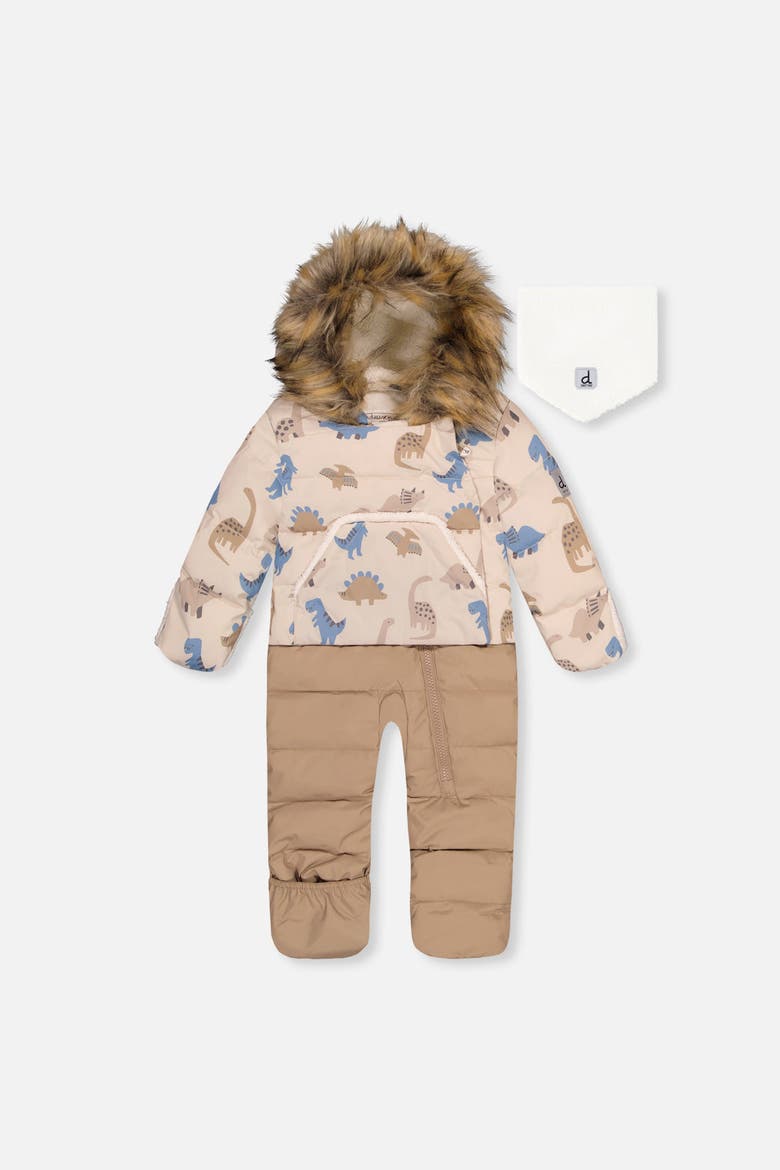 Dinosaur Snug Car Seat Fleece Neckwarmer One Piece Snowsuit, Main, color, Blue Dinosaur Print
