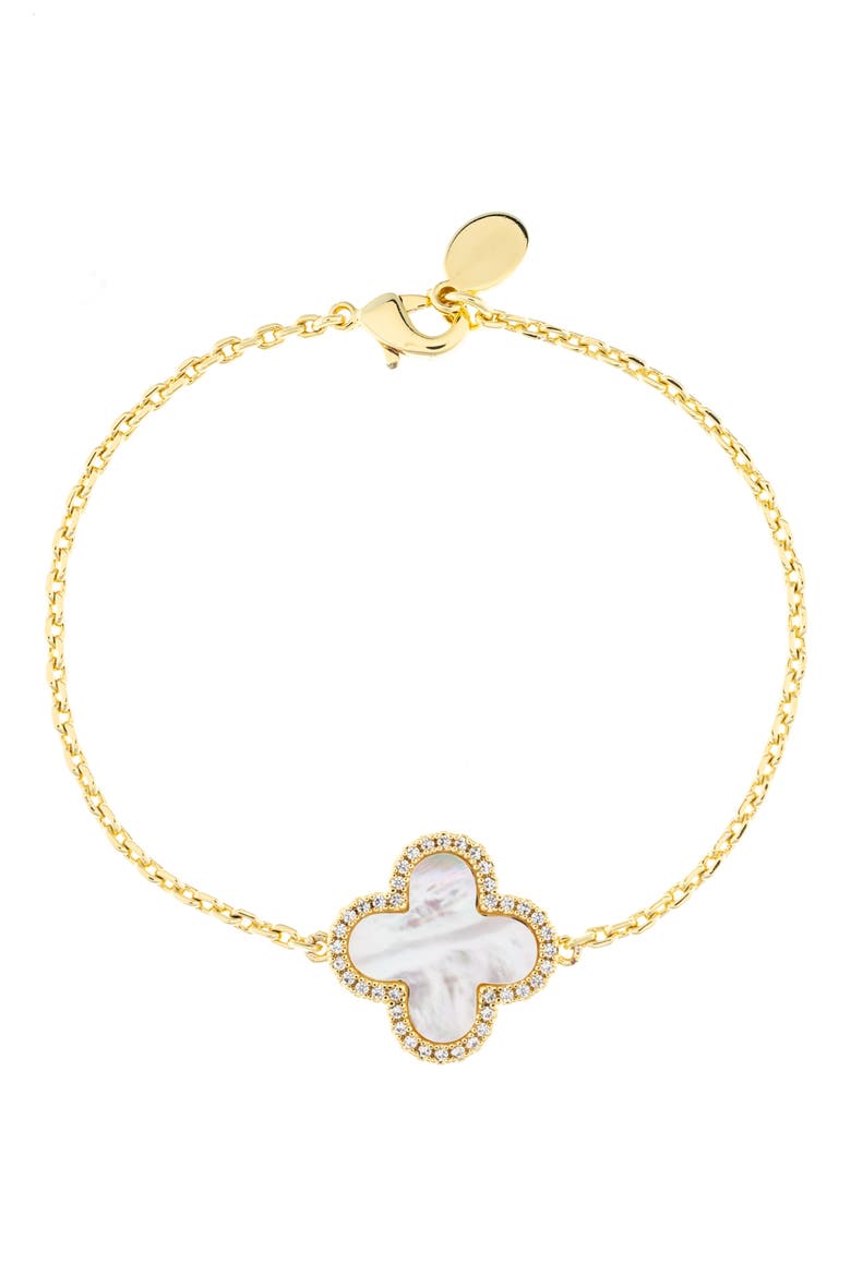 18K Gold Clad Pavé CZ Clover Charm Bracelet, Main, color, MOTHER OF PEARL / CZ