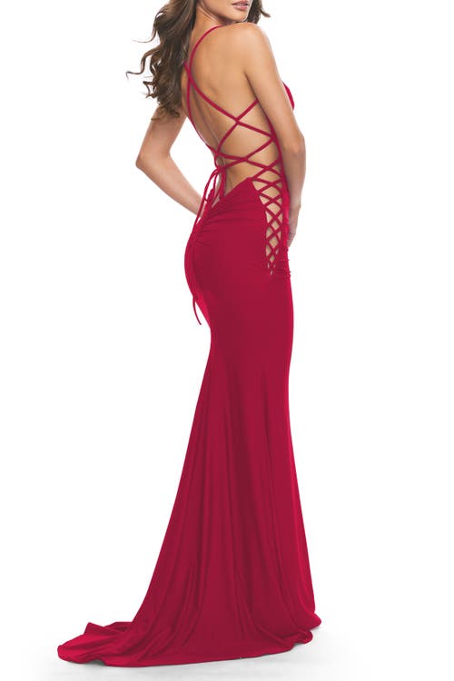 La Femme Unique Jersey Dress With Open Criss Cross Sides In Red