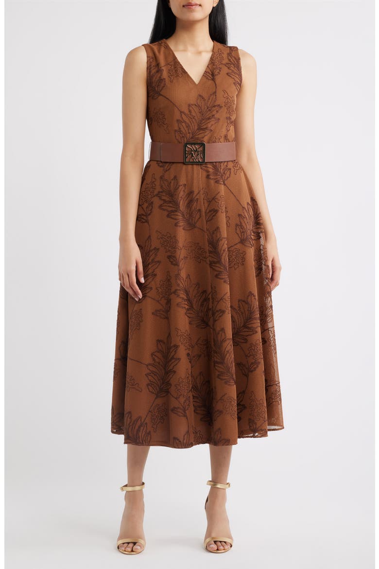 Embroidered Belted Fit & Flare Midi Dress, Main, color, CHILI