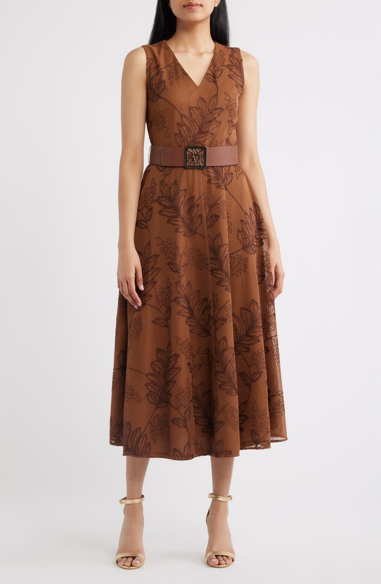 Anne Klein Embroidered Belted Fit & Flare Midi Dress, Main, color, Chili
