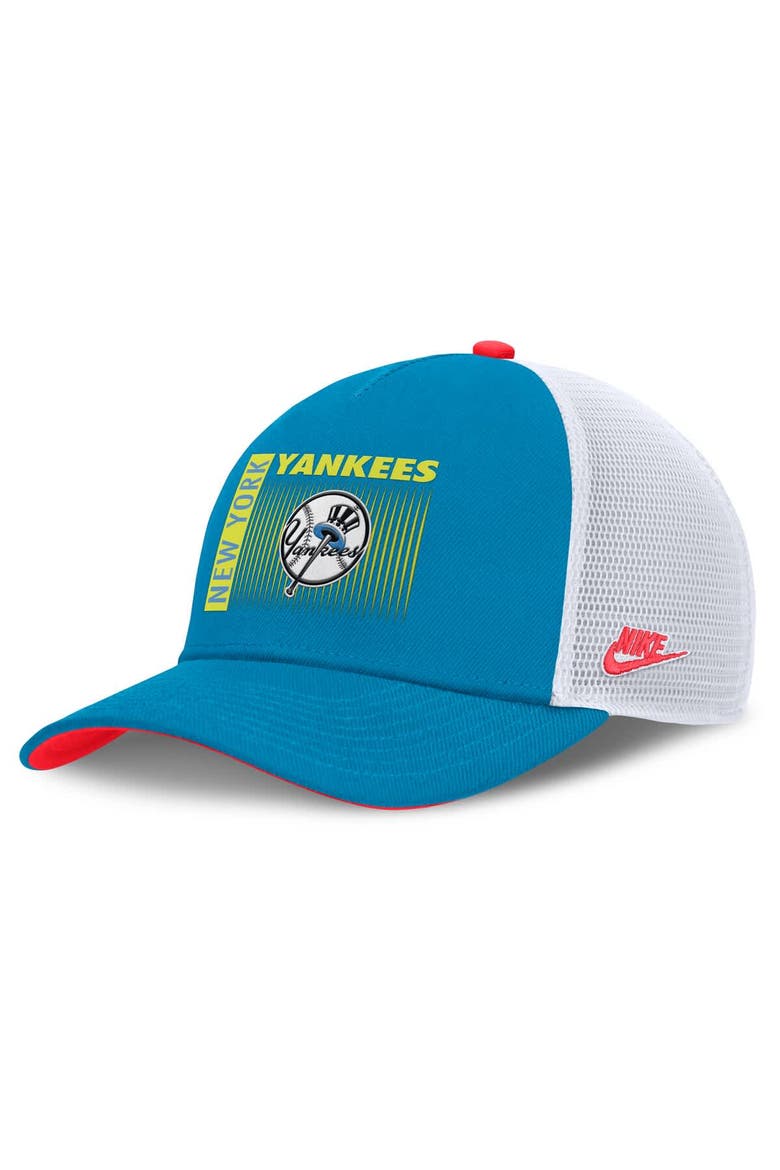 Men's Nike Blue New York Yankees Neon 90s Rise Structured Performance Adjustable Trucker Hat, Main, color, Teal
