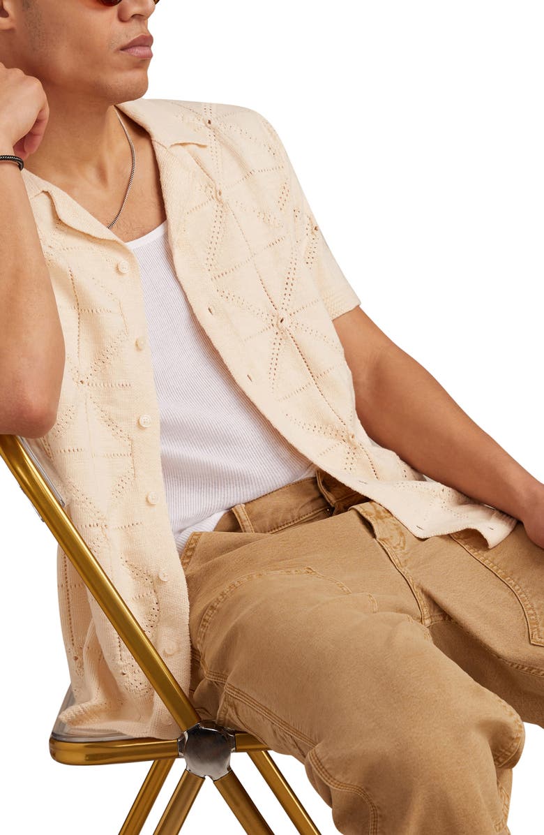 Lucky Brand Pointelle Short Sleeve Button-Up Sweater, Alternate, color, Whitecap Gray