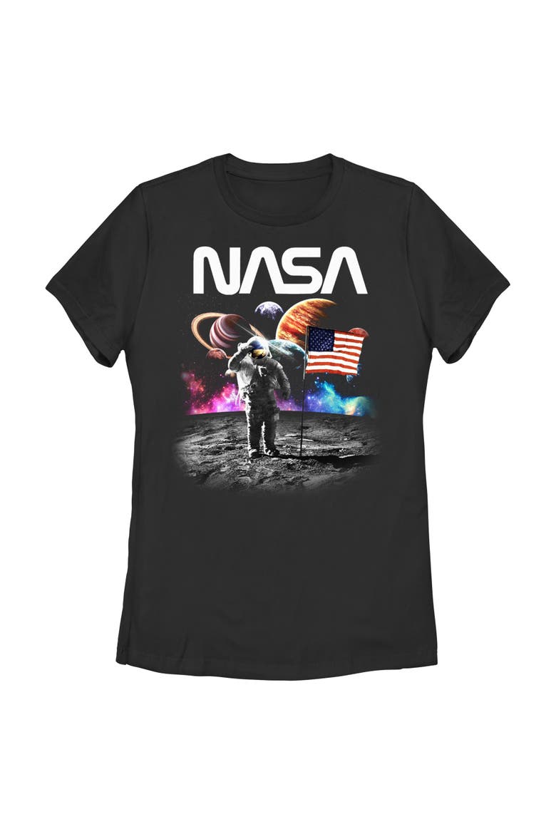 Junior's NASA Astronaut Moon Flag  Graphic T-Shirt, Main, color, Black
