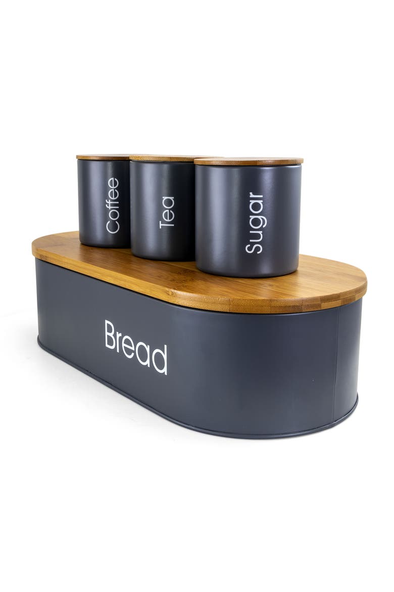 Wood Kitchen Countertop 4 Piece Metal Bread Basket and Canister Set with Lids, Alternate, color, Gray