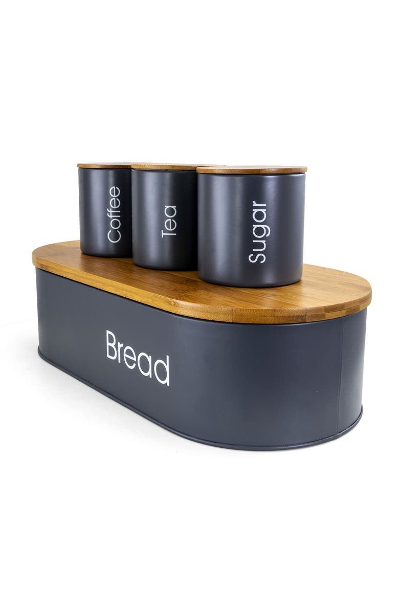Megachef Wood Kitchen Countertop 4 Piece Metal Bread Basket and Canister Set with Lids, Alternate, color, Gray