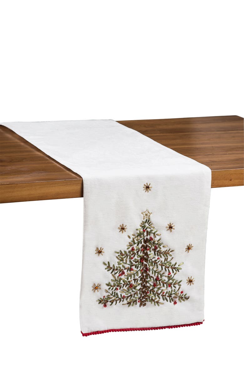 C&F Home Christmas Holiday Embroidered Christmas Tree on White Background Cotton Table Runner 14" x 72", Alternate, color, White