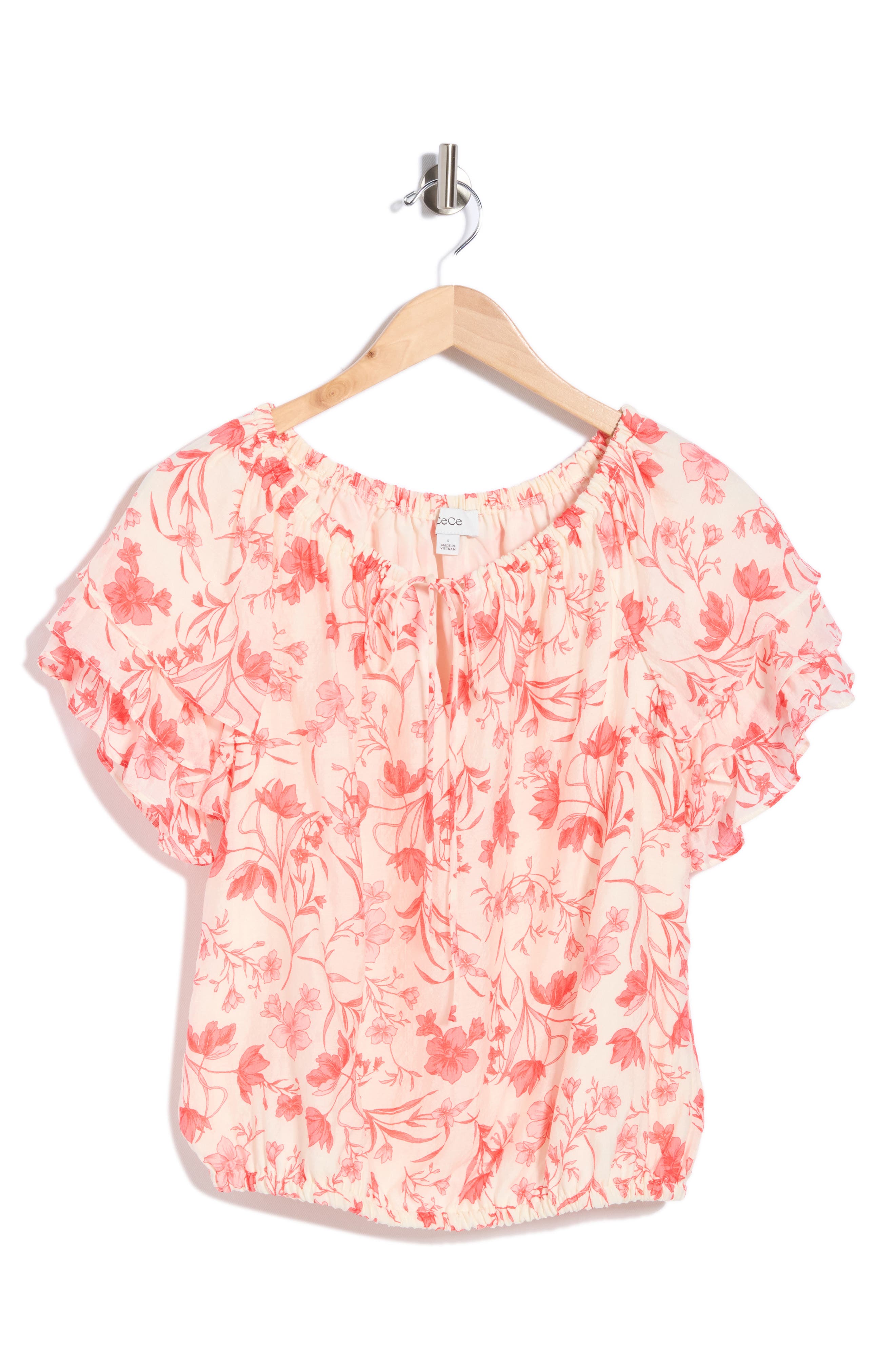 CeCe Floral Tie Keyhole Short Sleeve Top