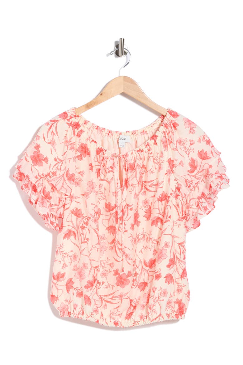 Floral Tie Keyhole Short Sleeve Top, Alternate, color, EGRET