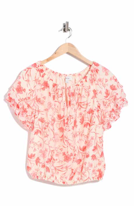 CeCe Floral Tie Keyhole Short Sleeve Top