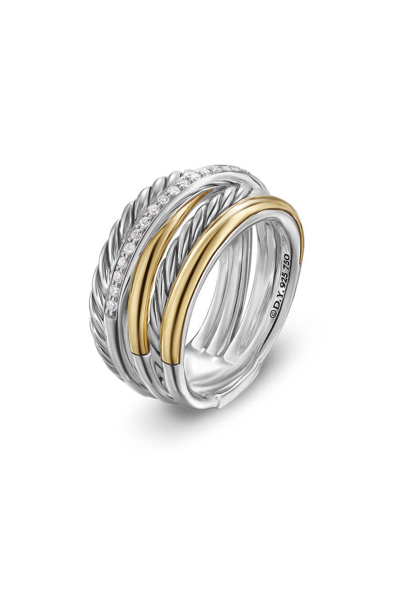 Crossover Five-Row Ring in Sterling Silver with 18K Yellow Gold and Diamonds, 11mm, Alternate, color, STERLING SILVER/18K GOLD - 8