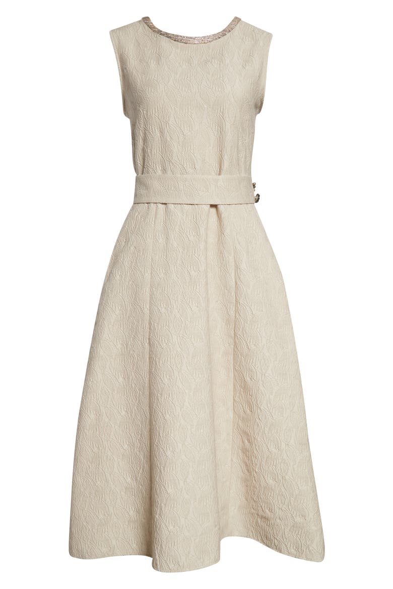 Carmen Leaf Jacquard Belted Midi Dress, Alternate, color, ECRU