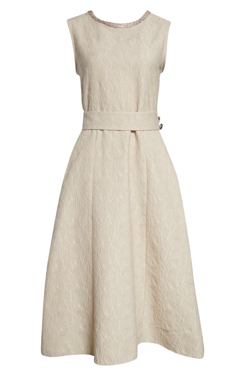 Max Mara Carmen Leaf Jacquard Belted Midi Dress, Alternate, color, Ecru