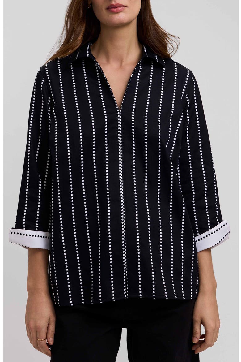 Agnes Dot Stripe Three-Quarter Sleeve Cotton Popover Top, Main, color, BLACK/ WHITE