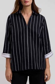 Foxcroft Agnes Dot Stripe Three-Quarter Sleeve Cotton Popover Top